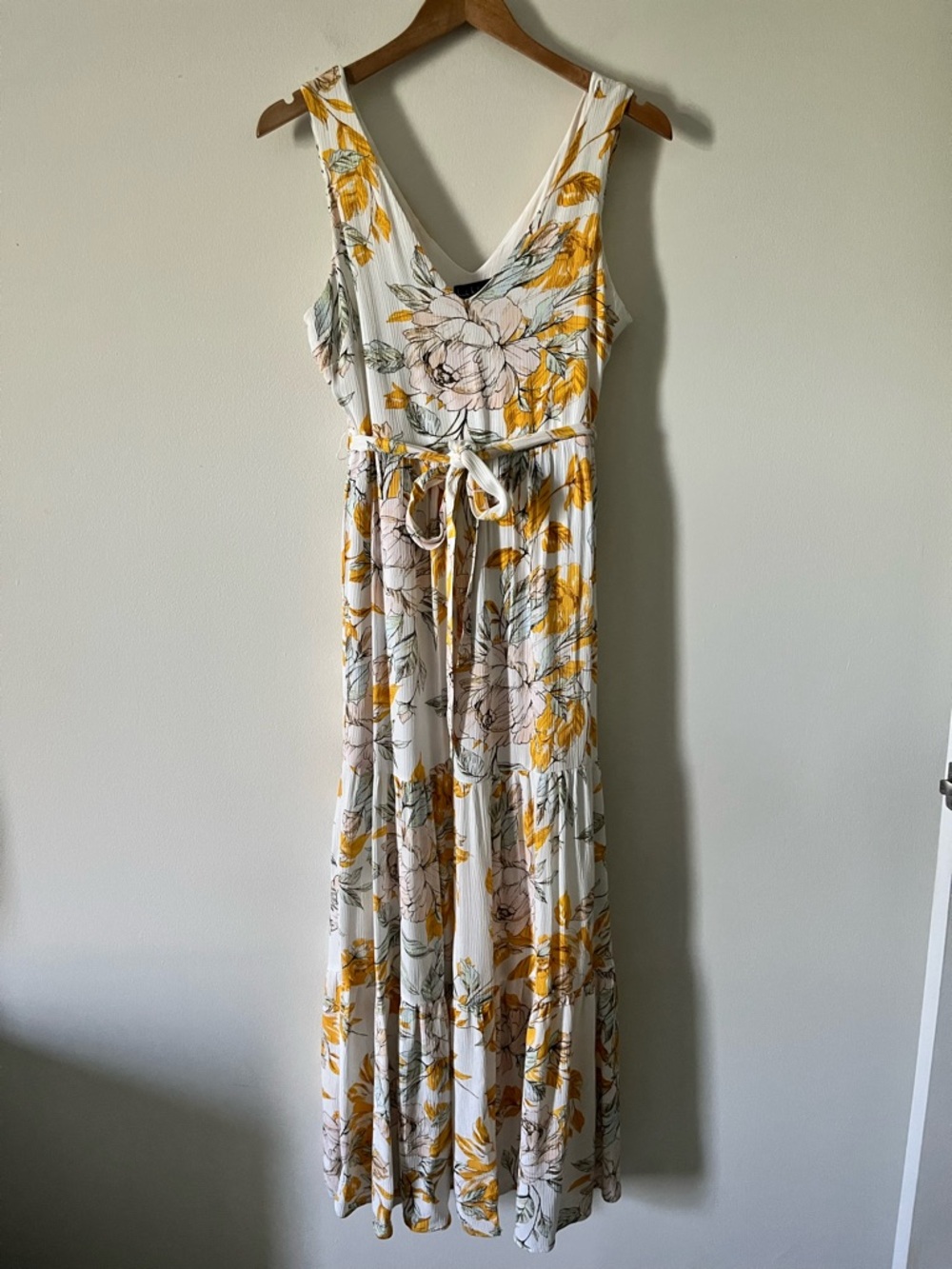 Nicole Miller White Yellow Pink Tropical Floral Cottagecore Tiered Maxi Dress 2